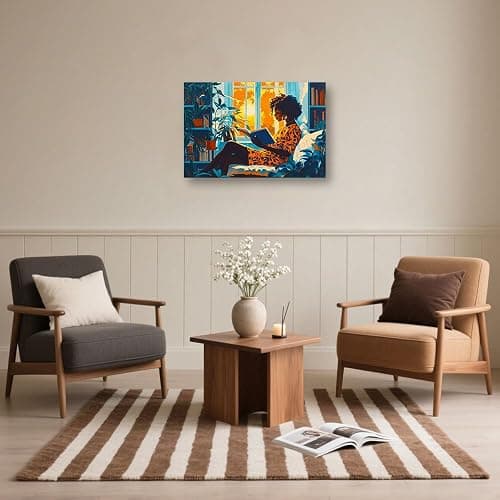 CCWACPP Black Woman Wall Art African American Wall Decor Black Girl Reading Canvas Abstract Modern Prints Study Library Bedroom Decor Framed (30.00 x 45.00 cms) thumbnail 2