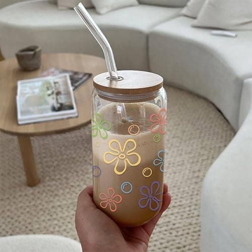 Mikopei Cute Glass Cups with Lids and Straws - Flowers and Bubbles Iced Coffee Cup for Adults, Unique Gifts for Women Men, Funny Unique Decor Party Birthday Decorations, 16 oz thumbnail 2
