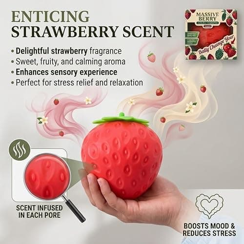Giant Strawberry Squishy Toy, Super Soft Slow Rising Stress Relief Squeeze Toy for Adults, Large Size TPR Fruit Fidget Toy for Anxiety Relief, Party Favors & Decor thumbnail 6