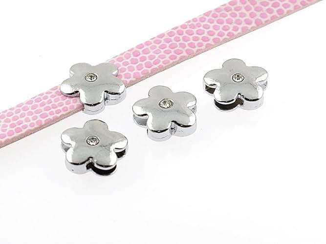 Vintageparts 2 Schiebeperlen als Blume mit Strassstein in Platinfarben, DIY-Schmuck - Image 1