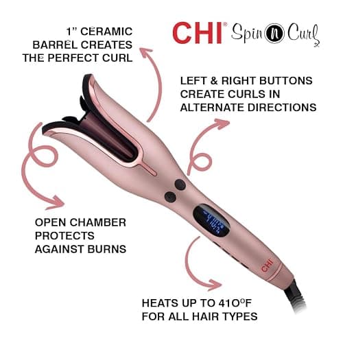 CHI Spin N Curl, Curling Iron For Healthy & Shiny Effortless Curls & Waves, Provides Preset Temperature Settings For Each Hair Texture, Rose Gold thumbnail 2
