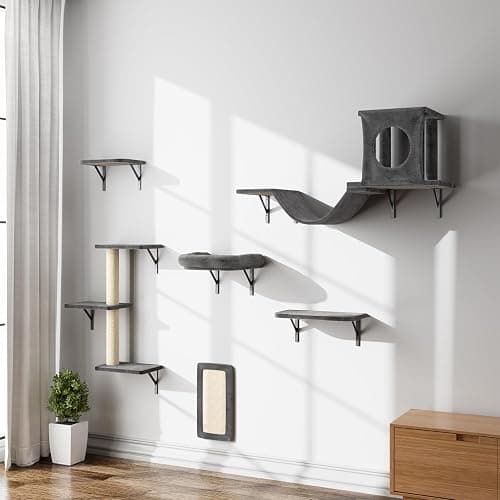 NUNU LAB Cat Wall Shelves, 6 Pcs Luxury Wall-Mounted Cat Climber Set, Indoor Cat Furniture with 1 Condos House, 2 Cat Wall Shelves, 1 Scratching, 1 Bridge Ladder, 1 Scratching Pad, Dark Gray thumbnail 2