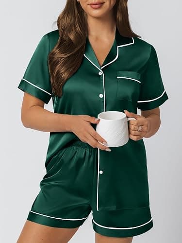 LILLUSORY Silk Satin Pajama Set for Women 2 Piece Lounge Pjs Shorts Matching Summer Sleepwear Button Down Shirt Shorts thumbnail 5