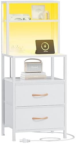 Furnulem Night Stand, Tall White Nightstand with 4-Tier Shelves, 2 PU Fabric Drawers and Light Tube, Bed Side Tables with Charging Station, Bedside Table for Bedroom - Image 1