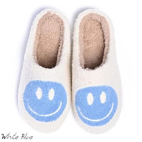 AIMINUO Women's Men's Retro Preppy Happy Face Slippers Comfy Warm Plush Slip-On House Slipper for Winter Indoor Soft Cushion Non-slip Fluffy Slides Slippers - White-blue - 5.5-6.5 Women/5-6 Men thumbnail 3