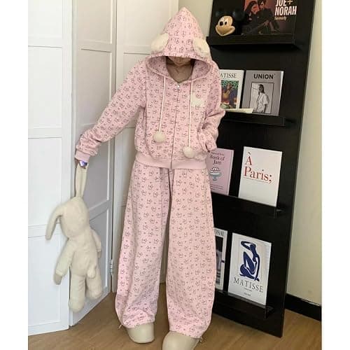 Xojbzoo Kawaii Puppy 2-Piece Set Y2K Pink Hoodie & Pants | Cute Dog Embroidery Outfit Women's Loose Fit Tracksuit thumbnail 5