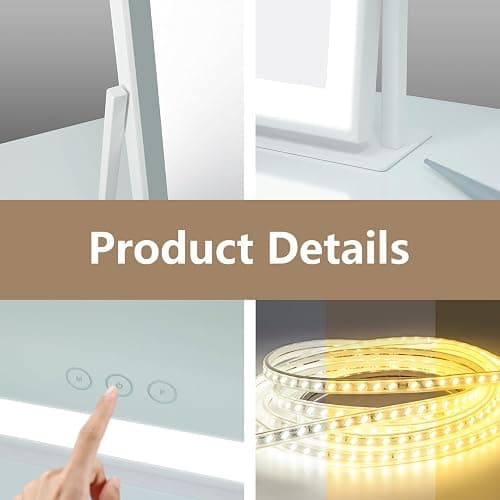 Acoolda Vanity Mirror with Lights, Large Makeup Mirror with Lights, LED Lighted Makeup Mirror with 3 Color Light Modes, Smart Touch Tabletop Mirror for Makeup Desk 360° Rotation 22.8" x 18" White thumbnail 6