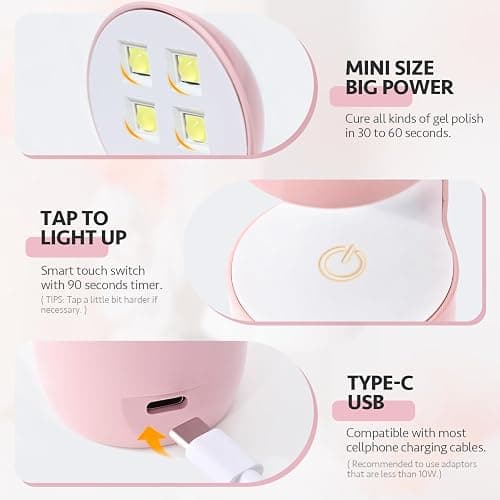 GAOY Mini UV Light for Gel Nails, Small LED Nail Lamp, Fast Curing, Pink | Portable Travel Manicure, Perfect for Nail Tips & Quick Repairs, DIY Nail Art, USB-C Powered thumbnail 3