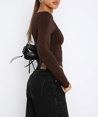 TiulZial Women's Long Sleeve Going Out Crop Top Sexy Pleated Trendy Shirt Sweetheart Neck Y2K Ruched Cropped Tops thumbnail 3