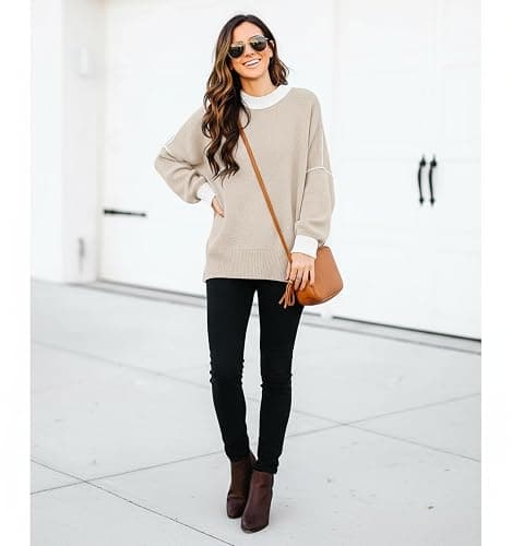 Womens Oversized Sweaters Fall 2026 Fashion Clothes Colorblock Knit Tops | ETCYY Striped Sweaters For Women Trendy,Batwing Sleeve Oversized Sweater Pullover Tops,Cute,Spring Winter Fall Outfits thumbnail 5
