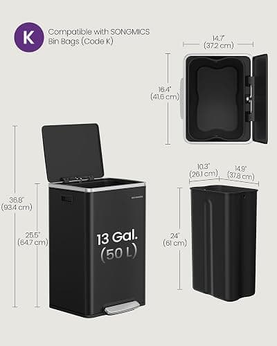 SONGMICS Kitchen Bin 50 L, with 15 Bin Bags, Stainless Steel, Removable Plastic Inner Bucket, with Lid, Handles, Soft Close, Ink Black LTB595B01 thumbnail 6