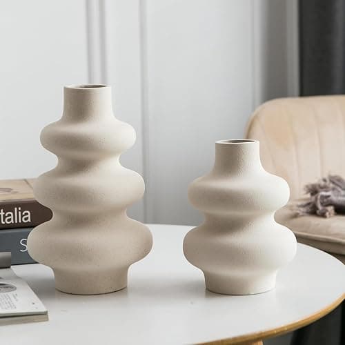Sowlvenco Ceramic Vase Set of 2 - Off White Boho Round Vases, Modern Pampas Vases, Dried Flower Vase Home Decor for Centerpieces Wedding Dinner Table Party Living Room Office Bedroom thumbnail 3