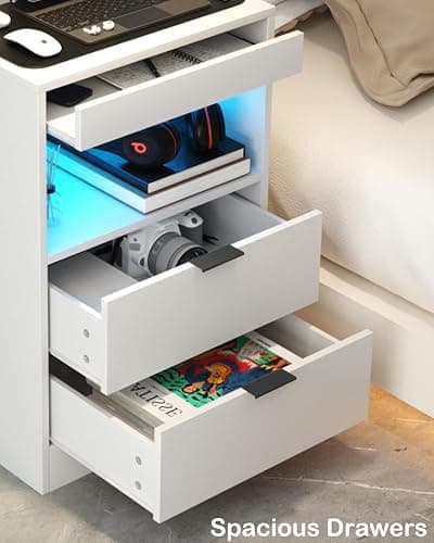 Gadroad LED Nightstand with Charging Station, Bedside Table with 3 Drawers and LED Lights, End Table Sofa Couch Side Table with Pull-Out Shelf, White thumbnail 9