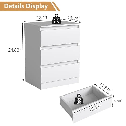 White Nightstand with 3 Drawers,Modern Tall Bedside Table with Storage for Bedroom,End Side Table with No-Handle Design for Living Room thumbnail 2