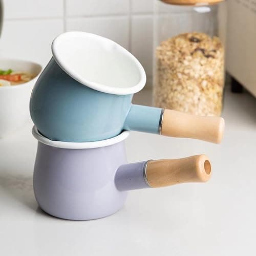 FYUEROPA Enamel Milk Pot, Butter Warmer Non-stick Mini Saucepan, 4 Inch 17 Oz Small Cookware with Wooden Handle(Purple) thumbnail 4
