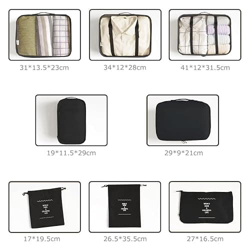 8 Set Packing Cubes for Suitcases Travel Luggage Packing Organizers,Travel Essentials Accessories Luggage Organizer with Shoe Bag Tioletry/Laundry Bag(Black) thumbnail 3