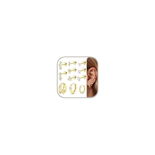 FUNRUN JEWELRY 20G Helix Piercing Jewelry Cartilage Earrings for Women | Hypoallergenic Surgical Stainless Steel Gold Flat Back Stud Hoop Earring Set for Daith Tragus Conch Body Piercing Jewelry - Image 1