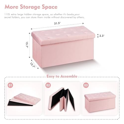 B FSOBEIIALEO Folding Storage Ottoman, Long Ottomans Shoes Bench, Velvet Storage Chest Footrest Seat 31.5"x15.7"x15.7" (Pink, Large) thumbnail 3