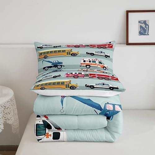 Erosebridal Fire Truck Comforter Set,Police Car Down Comforter Twin Size,School Bus Bedding Set for Kids Boys Teens Youth,Equipped Truck Cartoon Vehicle Quilt Duvet Insert Bedroom Dorm Decor 2 Pcs thumbnail 5