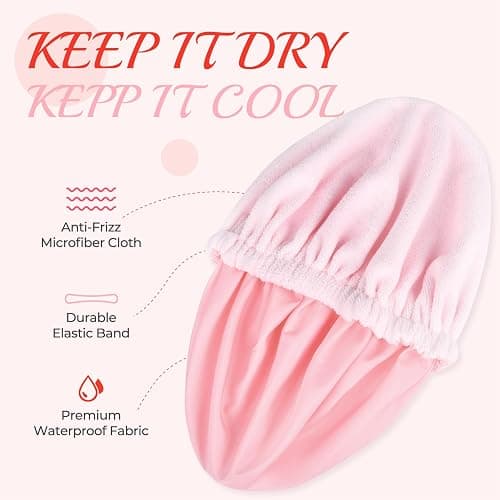 Pink Shower Cap for Women Terry Lined Bath Cap Large Reusable Waterproof Elastic Band Shower Caps for Long Thick Hair Soft Bath Shower Hair Caps thumbnail 2