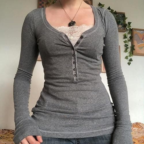 PDYLZWZY Women's Long Sleeve Henley Tops Casual Tunic Blouse with Buttons Ribbed Slim Fit Shirts Y2K Lace Patchwork Jumper Shirt thumbnail 3