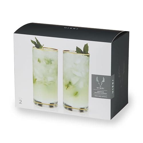 Viski Meridian Highball Glasses Set of 2 - Vintage Drinking Glass, Art Deco Ripple Glassware Design, 15oz Gold Rimmed Collins Glasses Set thumbnail 13