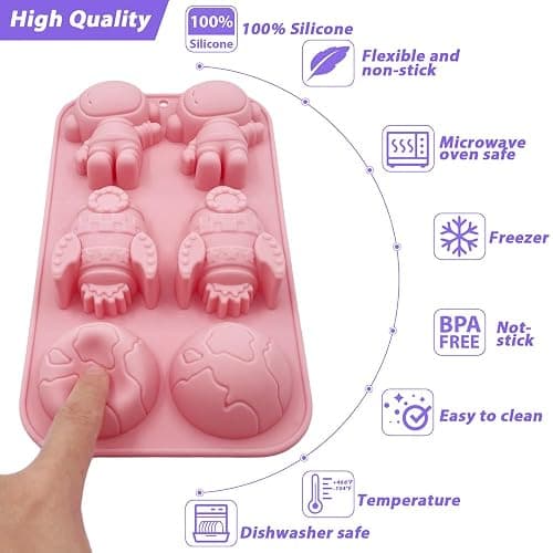 2 Pack Astronaut Silicone Molds 6 Cavity 3D Space Themed Rocket Plaster Molds for Kids, Earth Baking Mould Tray DIY Tool for Chocolate Cupcake Topper Mousse Pastry Soap Crayons Plaster Casting thumbnail 4