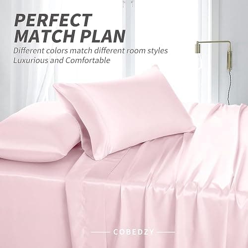 Cobedzy 3 Pcs Blush Pink Satin Sheets Twin XL Size Silky Satin Bedding Sheets Set with 1 Deep Pocket Fitted Sheet, 1 Flat Sheet, 1 Pillowcase thumbnail 6