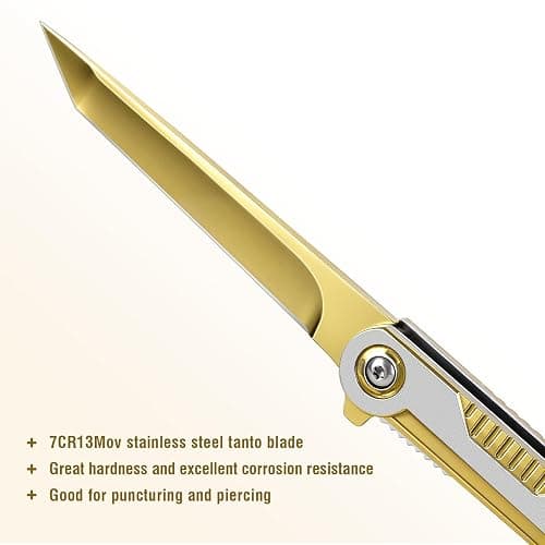 FUNBRO Cool Pocket Knife Gifts for Men, EDC Tanto Blade Folding Knives with Clip, Flipper Open Survival Knife with Window Breaker and Liner Lock for Outdoor Camping (Gold) thumbnail 3
