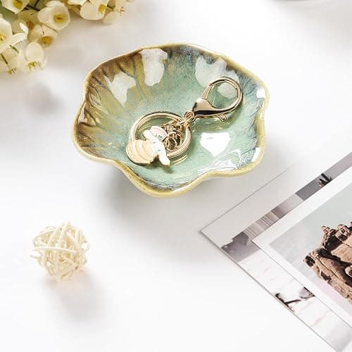 JAMEND CLXP 2PCS Ring Holder Dish, Small Key Bowl, Ceramic Trinket Tray Jewelry Dish Organizing Necklace Earrings for Mom Friend Sister, All Jewelries Are NOT Included. Light Green+Crystal Green.… thumbnail 2