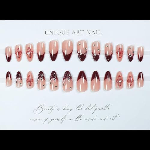 LPOODDNU Red French Tip Press on Nails Almond - Medium Flower Fake Nails with 3D Crystal Diamond Designs, Glossy Finished Reusable False Nails with Glue Tabs - 24Pcs Nail Kit for Women Manicure thumbnail 5