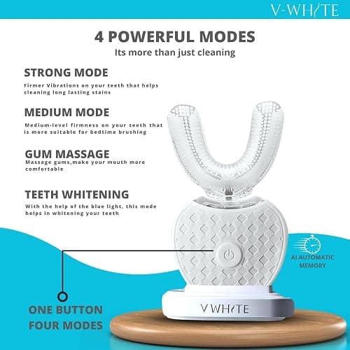 V-WHITE Ultrasonic U-Shaped Toothbrush for Teeth Whitening, Electric Toothbrush For Adults - 360° Mouth Cleansing, Hands Free Gums Protection - Wireless Charging & LED Light -Waterproof IPX7 Certified thumbnail 2