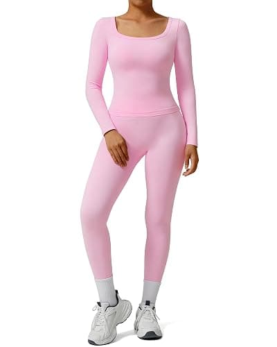 SUUKSESS Women 2 Piece Workout Sets High Waisted Seamless Leggings Active Long Sleeve Tops - Image 1