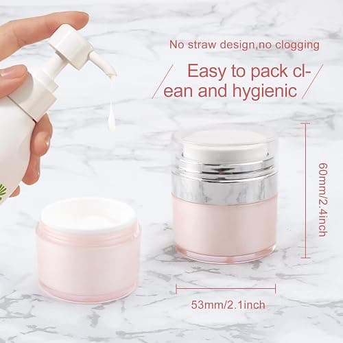 USRommaner 0.5 oz/15 ml Airless Pump Jar,Empty Acrylic Vacuum Jar with Press Pump,Portable Travel Face Cream Lotion Sample Cosmetic Container Pot for Makeup,Essence,Moisturizer,Eye Cream-4 Pack,Pink thumbnail 3