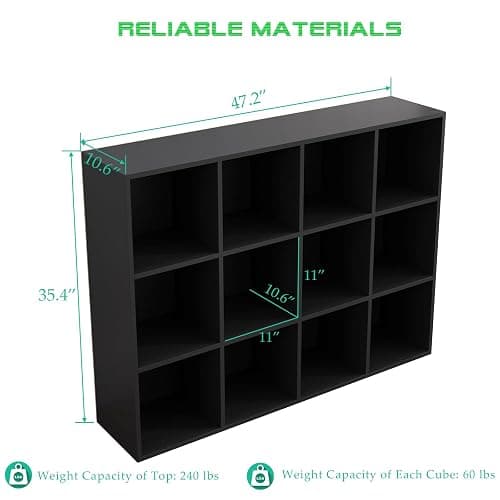 OSCHF 12-Cube Storage Shelf Bookcase, Black | Wooden 3-Tier Open Bookshelf, Fits 11×11" Bins, Vertical or Horizontal Use, Full Back Panels, For Home Office thumbnail 3