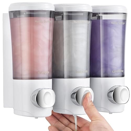 Shampoo and Conditioner Dispenser No Drill Shower Soap Dispenser Wall Mounted Shower Dispenser 3 Chamber with Upgrade Smooth Pump Head Bathroom Body Wash Soap Dispenser Set 450ml*3 White - Image 1