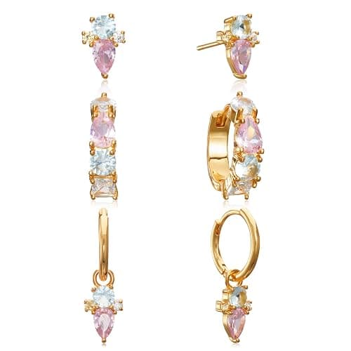 Kenivira Stud Earrings Set for Women, 14K Gold Plated Hypoallergenic Dainty Earrings Girls,3 Pairs Small Cartilage Flat Back Trendy Hoop CZ Earring - Image 1