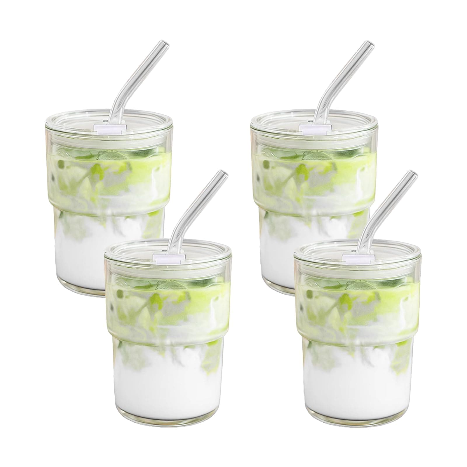 MINGHYZYA 13oz Iced Coffee Cup, Reusable Glass Tumbler with Straw and Lid, Thick Wall Glass Cups with Lids and Straws for Matcha, Smoothies, Drinking Glassware Water Cups (clear-4pack) - Image 1