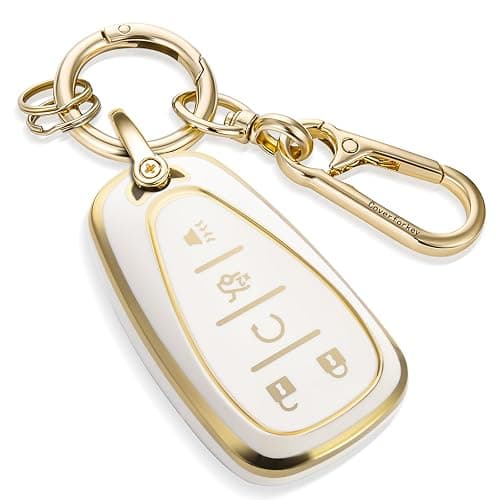 Coverforkey for Chevy Key Fob Cover with Upgraded Anti loss Durable Metal Keychain, Fashionable Soft Case for Camaro Equinox Malibu Trax Volt Traverse Blazer (5 Buttons) (Gold, B1) - Image 1