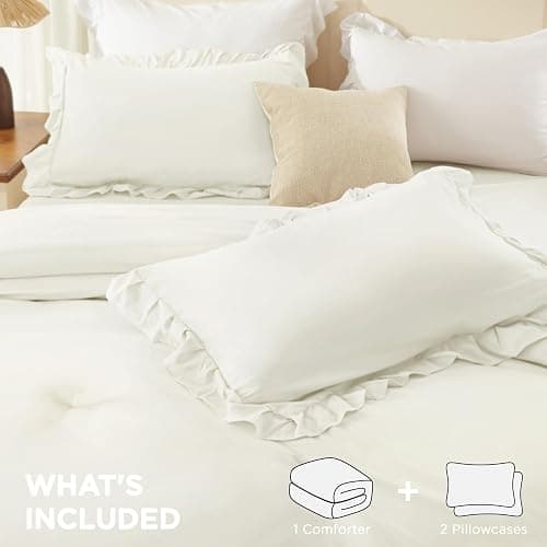 Andency Ivory Comforter Set Queen Size, Lightweight Fluffy Farmhouse Ruffle Bedding Set, Soft Polyester All Season Shabby Chic Bed Comforter Set 3 Pieces(1 Comforter 2 Pillowcases) thumbnail 7