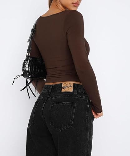 TiulZial Women's Long Sleeve Going Out Crop Top Sexy Pleated Trendy Shirt Sweetheart Neck Y2K Ruched Cropped Tops thumbnail 4