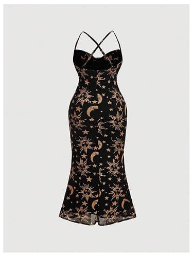 Floerns Women's Plus Size Vintage Graphic Mesh Long Birthday Goth Dresses | Spaghetti, Cowl Neck, Wedding Guest, Cocktail, Party, Y2k, Formal, Celestial Dress thumbnail 3