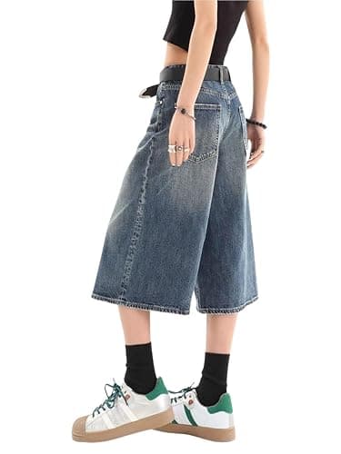 Lafaguw Baggy Jorts Women Y2K Capri Wide Leg Long Jean Shorts Summer | Cropped Jeans,High Waisted,Oversized Jorts,Hangable Design,Classic 4 Pockets,Streetwear Clothes,Business Casual Outfits thumbnail 5