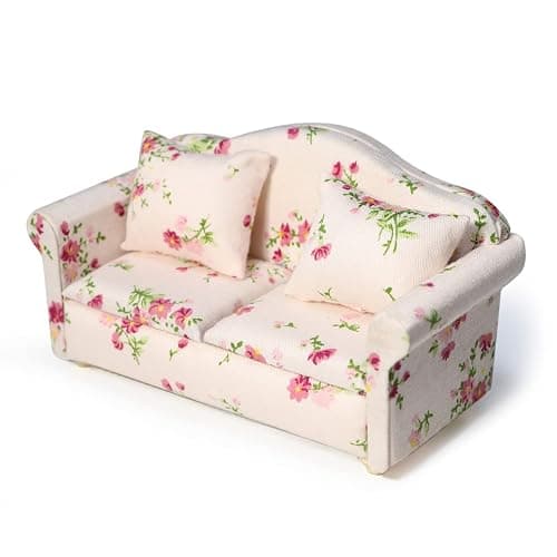 Dollhouse Couch Miniature Sofa with Pillows Dollhouse Living Room Funiture 1:12 Scale Model 3 Pcs High Simulation Upholstered Wooden Fabric Armchair Mini Room Artificial House Scene Decoration (Pink) - Image 1