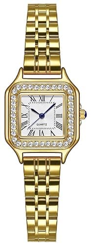 Gold Watches for Women Dainty Square Vintage Watches Luxury Ladies Diamond Accent Dress Stainless Steel Bracelet Watch Analog Quartz Waterproof Watch - Image 1