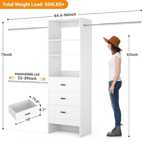 Homieasy 96 Inches Closet Organizer System, 8FT Customizable Walk In Closet Organizer with Hanging Rods, 3 Drawers Garment Rack with Leather Handle , 96" L x 16" W x 75" H, Max Load 1000 LBS, White thumbnail 3