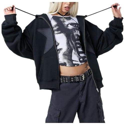 Karwuiio Women Y2k Zip Up Hoodies Star Graphic Long Sleeve Jackets Hip Hop Harajuku Oversized Hooded Sweatshirt thumbnail 2