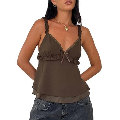 Women Y2k Ruffle Cami Top Tie Front Sleeveless V Neck Ruched Flowy Peplum Babydoll Tops Summer Coquette Streetwear - Image 1