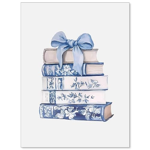 FuSatisYilife Coquette Bow Book Wall Art Blue and White Chinoiserie Flower Poster Fashion Minimalist Library Canvas Prints for Office Apartment Wall Decor 12X16 inch Unframed - Image 1