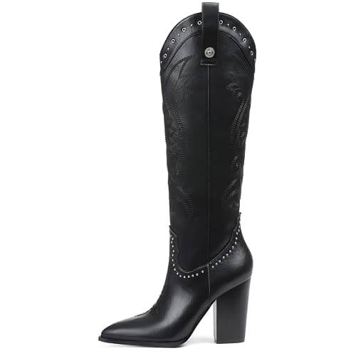 VOMIRA Knee High Cowboy Boots for Women Pointed Toe Chunky High Heels Pull-on Embroidered Boots Western Boots Wide Calf Cowgirl Boots - Image 1
